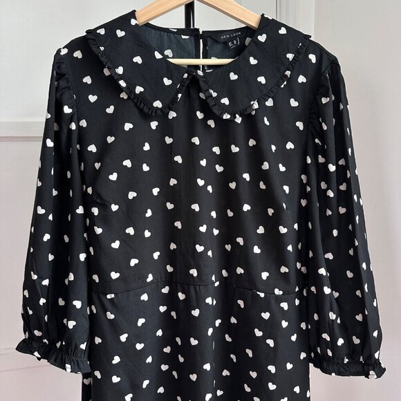 New Look Black Heart Frill Collar Mini Dress Tie Waist Valentine Size 14 - Picture 4 of 11